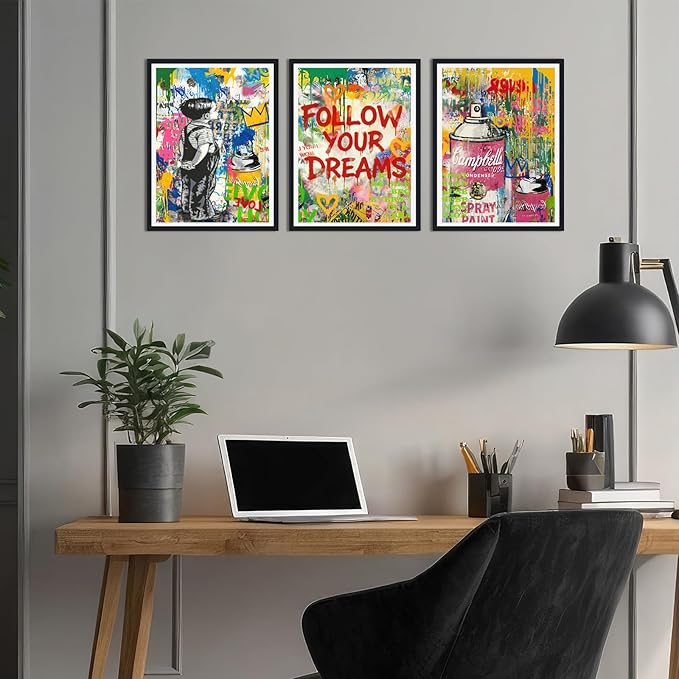 Novatique Banksy Canvas Wall Art Street Graffiti Picture Wall Decor Modern Graffiti Poster Artwork Framed for Living Room Bedroom,12" x 16" x 3Pcs