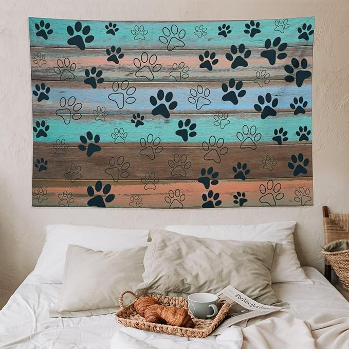 VUMIVI Dog Paw Print Tapestry Rustic Farmhouse Vintage Wood Paneling Home Decor Tapestry Wall Hanging for Living Room Bedroom Dorm Classroom Aesthetic Decor W90xL60in