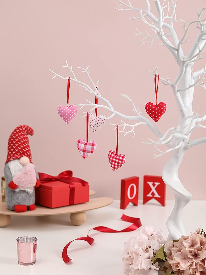 Valentines Hearts Ornaments,30 PCS Fabric Heart Shape Hanging,Baubles Hanging Ornaments for Valentines Tree,Anniversary Wedding,Party DIY Crafts 2 inch