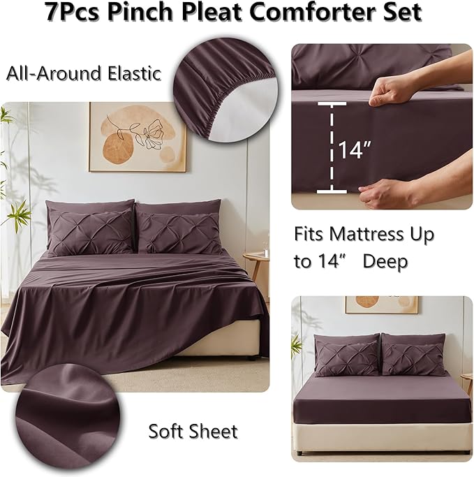 CozyLux King Size Comforter Set Cocoa Powder, 7 Pieces Pintuck Bed in A Bag Cocoa Powder Comforter King Size, Pinch Pleat Bedding Set with All Season Comforter, Sheets, Pillowcases & Shams