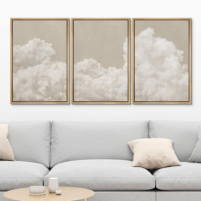 MUDECOR Framed Wall Art Print Set Serene Sky Filled with Fluffy Clouds Illustrations Modern Art Decorative Colorful Chic for Living Room, Bedroom, Office - 24"x36"x3 Natural