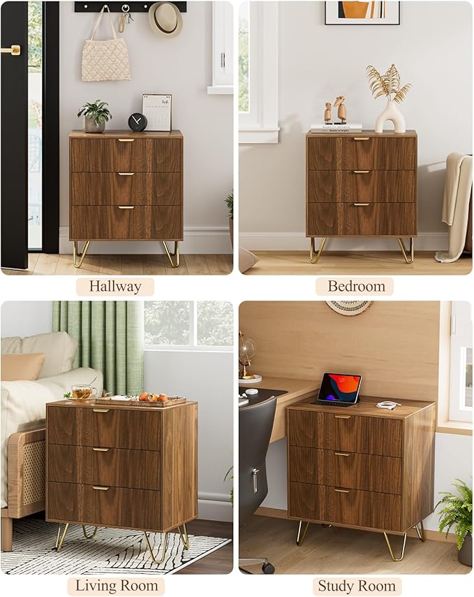 Fluted 3 Drawer Dresser for Bedroom, Modern Storage Bedroom Dresser Chest Cabinet Organizer with Anti-Tip Hardware for Living Room, Dressing Room, Kids Room, Office (Walnut)