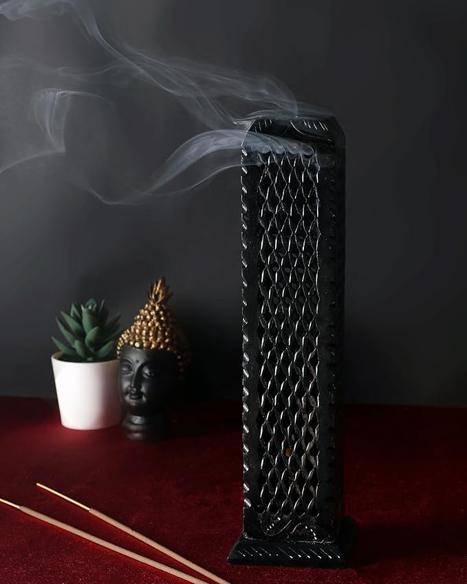 Handmade Soapstone Incense Stick Tower Holder | Marble Incense Stick Tower Burner | Aromatherapy Spa Fragrance Accessory for Home & Office Décor (11 x 3 Inches) (Black)