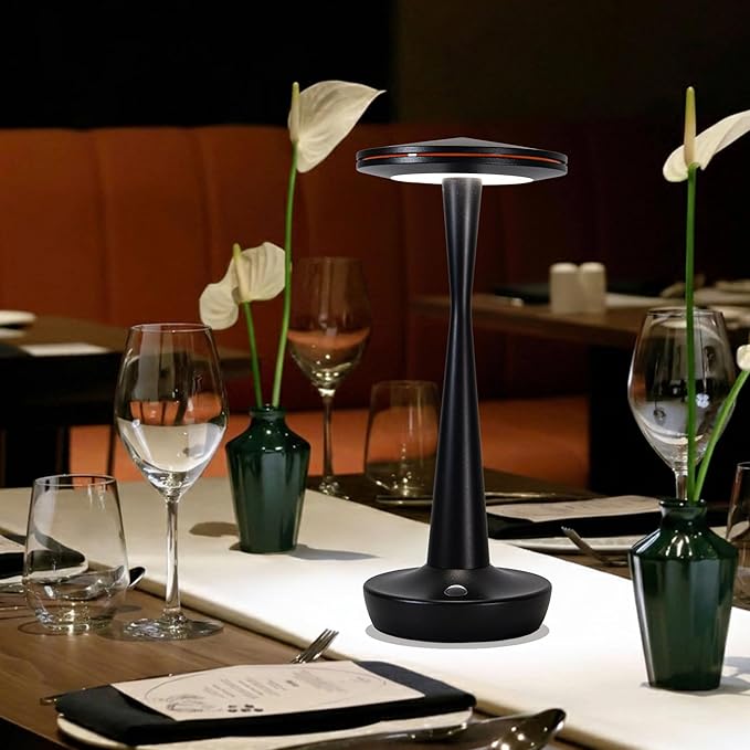 LED Cordless Table Lamps Rechargeable - Outdoor Battery Operated Portable Table Light 3 Color Stepless Dimming Tables Lamp with Memory Function, IP54 Waterproof for Patio Restaurant Dining (Black)