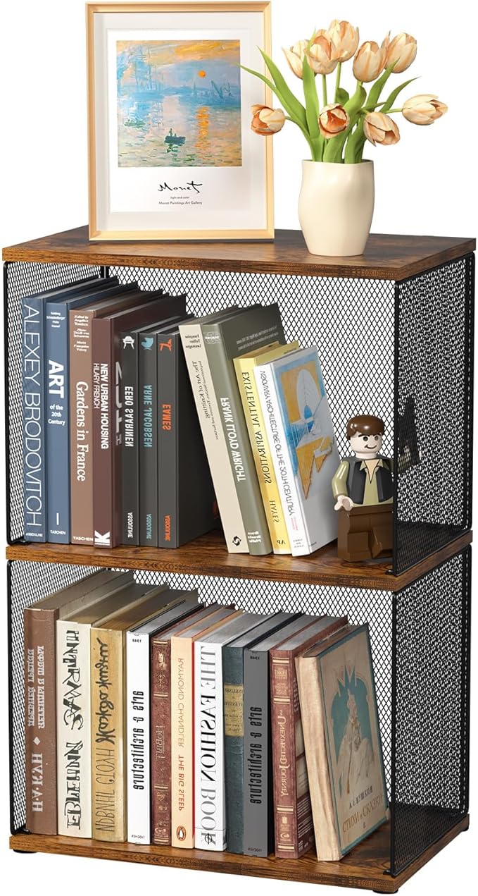 Small Bookshelf 2 Tiers Bookshelf for Small Spaces DIY Variable Stackable Cube Storage Organizer for Kid Bedroom,Living Room, Black Brown Wooden,2 Tiers Non-Detachable