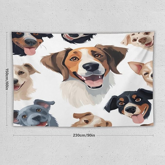 VUMIVI Cartoon Dog Tapestry Black & White Pet Dog Heads Cute Illustration Modern Creative Design Tapestry Wall Hanging for Living Room Bedroom Dorm Classroom Aesthetic Decor W90xL60in