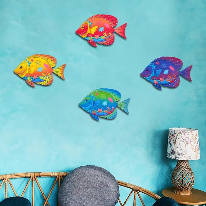 Oraytteo Metal Fish Wall Decor, Set of 4 Sea Fish Wall Art Decorations for Barthroom Fence Pool Patio Decor, Indoor or Outdoor Decorations, Gifts for Mom Dad Friends