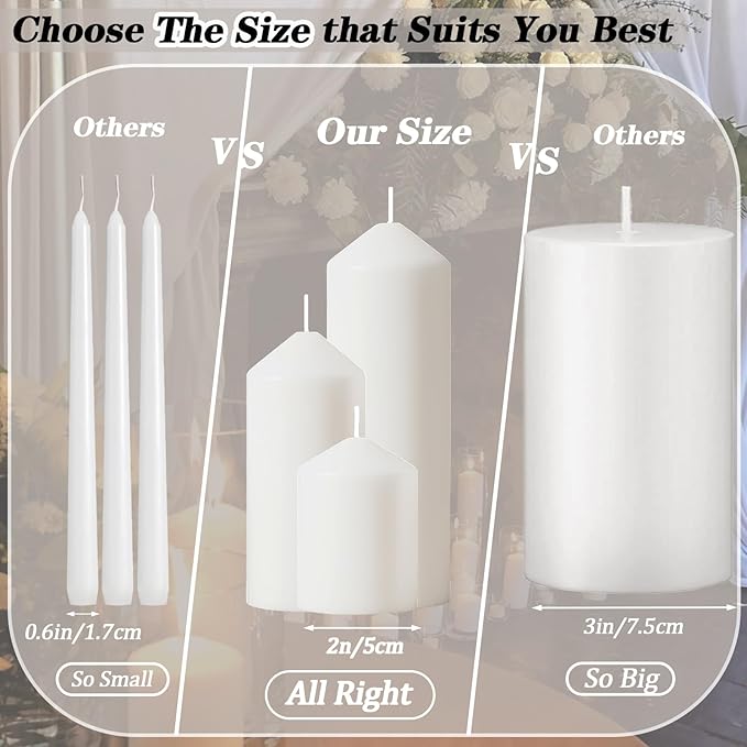 36 Pcs White Pillar Candles Bulk Set，3 Different Lengths 2 x 3/4/6 Inch (12 Each)，Hurricane Candles，Dripless Unscented Smokeless，Gives You a Better Atmosphere When Organizing an Event Party.