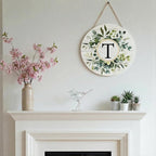 Smile Monogram Letter T Wreaths Wooden Welcome Sign, Family Last Name Initial Front Door Wall Decoration, Floral Spring Summer Porch Rustic Home Kitchen Decor