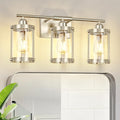 3-Light Brushed Nickel Bathroom Light Fixtures, 21 Inch Modern Bathroom Vanity Lighting Fixtures Over Mirror with Clear Glass and Metal Cage Wall Sconce Lights for Bath, E26, OS-3014BN-3W
