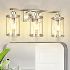 3-Light Brushed Nickel Bathroom Light Fixtures, 21 Inch Modern Bathroom Vanity Lighting Fixtures Over Mirror with Clear Glass and Metal Cage Wall Sconce Lights for Bath, E26, OS-3014BN-3W