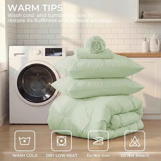 Sasttie Twin Comforter Set, 5-Piece Bed in a Bag, Pintuck Bedding Sets for All Season, Includes Comforter, Flat Sheet, Fitted Sheet, Pillowcase and Pillowsham, Mint