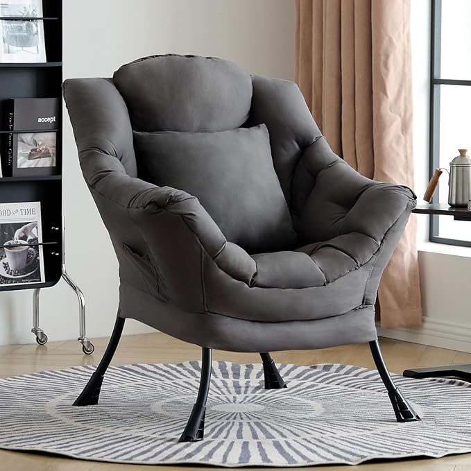 Lazy Chair for Living Room, Large Dark Grey Lounge Accent Chair with a Throw Pillow, Leisure Sofa Chair Set, Comfy Reading Chair for Bedroom, Dorm Room, Office