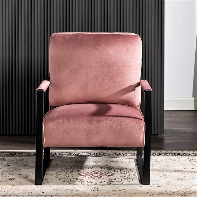 Container Furniture Classic Mid Century Modern Accent Chair with Durable Square Metal Frame, Armchair for Living Room, Bedroom, Home Office in Plush Velvet Upholstery, Rose