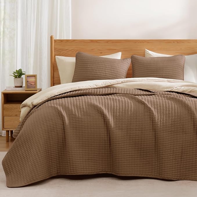 WRENSONGE Queen Quilt-3 Pieces Lightweight Bedspreads Brown Queen Size Quilt Bedding Set for All Seasons, Soft Summer Blanket with 2 Pillow Shams Suitable for Bed, Couch