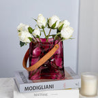 Glass Purse Vase for Flowers Brownish Purple Vases for Centerpieces Glass Bag Vase with Leather Handle Small Bag Vases for Decor Decorative Fish Bowl for Home Wedding Decor