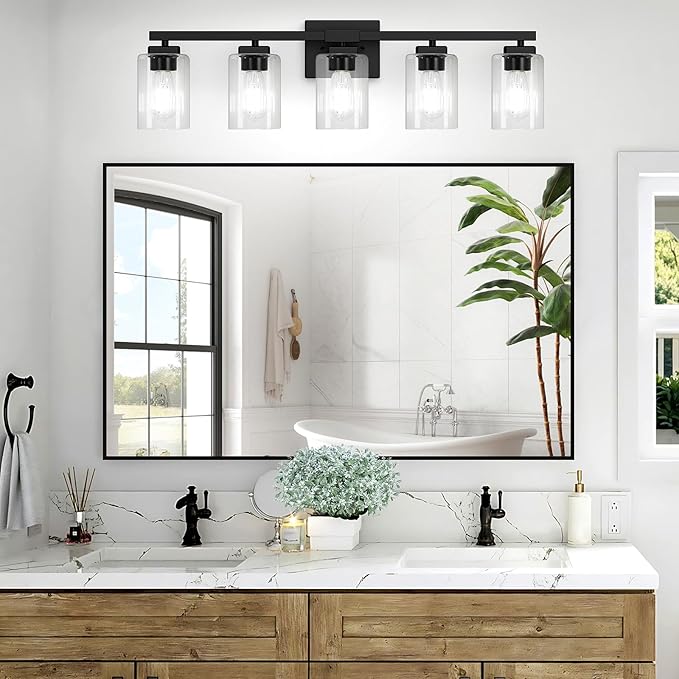 BesLowe 31" 5-Light Bathroom Light Fixture, Modern Black Bathroom Vanity Light, Bathroom Lighting Fixtures Over Mirror, Matte Black Wall Socnce Lamp, Wall Lights for Living Room Bedroom Hallway