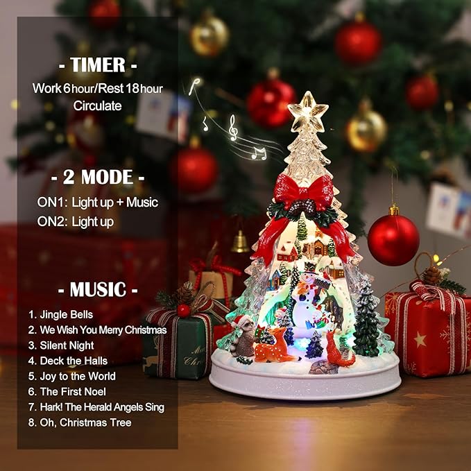 Christmas Village Scene Tree Animated with Rotating Snowman LED Lights Christmas Decorations for Home Gifts Light Up Music USB/Battery Collectible Buildings Figurines