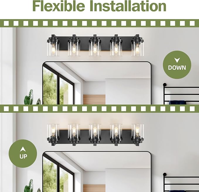 5-Light Bathroom Vanity Light Bathroom Light Fixtures Over Mirror, 31" Black Vanity Lights with Glass Shade, Modern Wall Sconce for Cabinet Porch Bedroom, Hallway E26