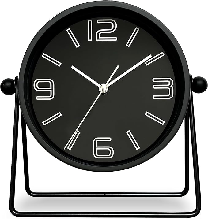 QIYAODECO® Vintage Metal Desk Clock for Bedroom, with Adjustable Angle Ticking Small, Battery Operated Mantel Bedside Clock, Decorative Table, Old Fashioned Style Black Decor, Adult Kid Gift, Black