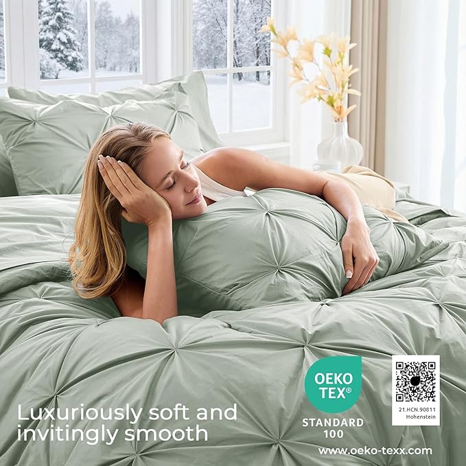 Sasttie Full Size Comforter Set, 7-Piece Bed in a Bag Double, Pintuck Bedding Set for All Season, Includes Comforter, Flat Sheet, Fitted Sheet, Pillowcases and Pillowshams, Sage Grey