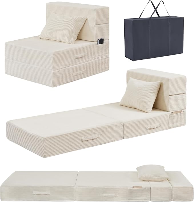 Folding Sofa Bed, 4 in 1 Convertible Sleeper Chair with Pillow, Single Memory Foam Fold Out Chair Bed, Modern Floor Futon Sofa Couch Mattress for Living Room/Guest/Apartment,Beige
