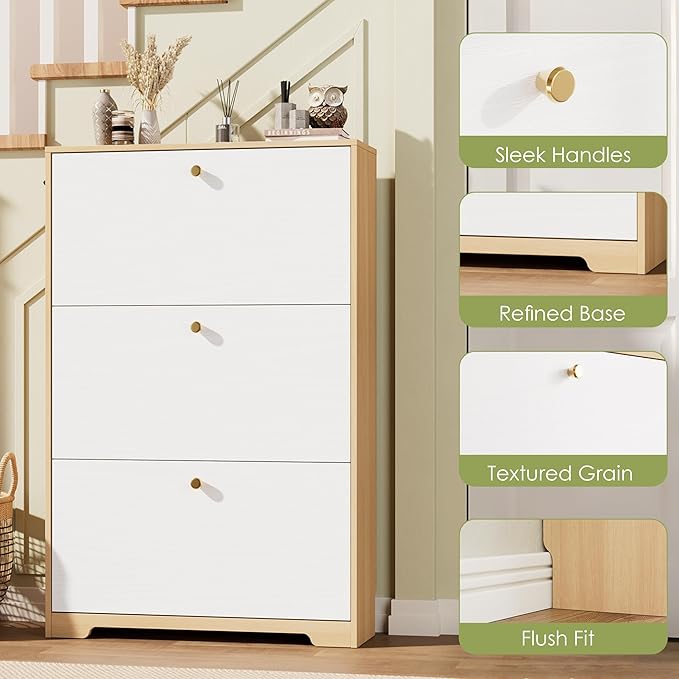 Nicetree Shoe Storage Cabinet for Entryway, Morden Shoe Cabinet, Freestanding Shoe Rack Cabinet, Hidden Shoe Dresser for Hallway,Foyer, Natural Oak and White
