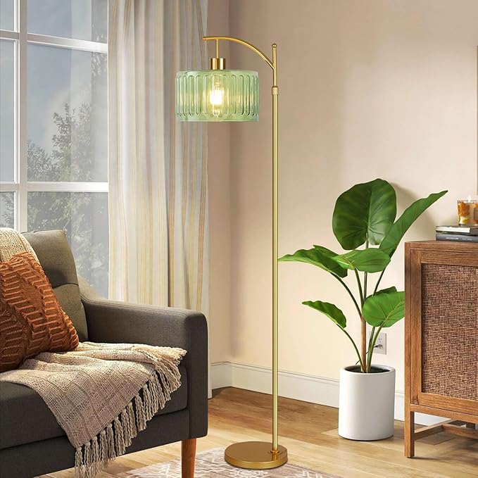Glass Floor Lamp for Living Room,Bedroom,Gold Dimmable Standing Lamp with Remote,Mid Century Modern Brass Tall Lamp Boho Vintage Retro Floor Lamps Arc Green Flower Floor Light Lamp Bohemian