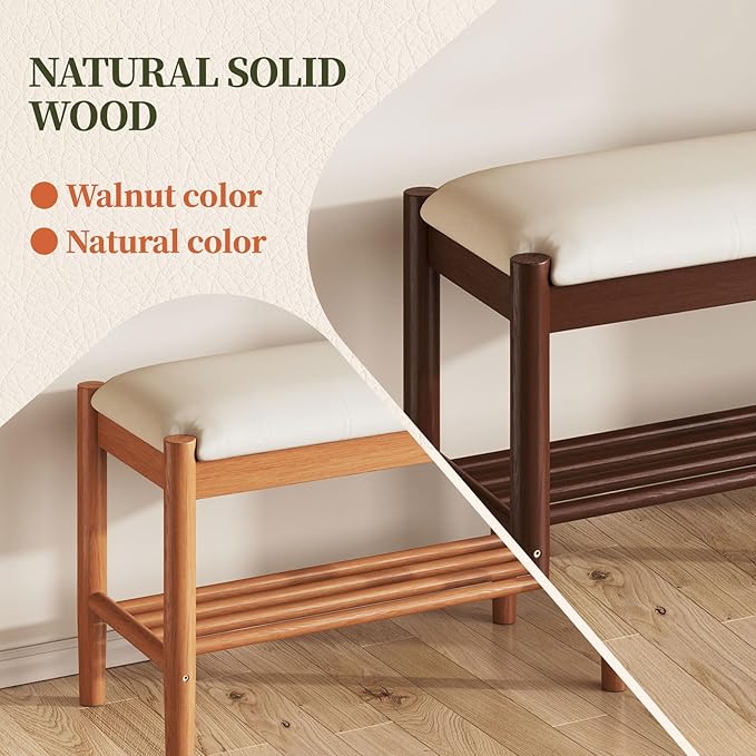 Solid Wood Shoe Bench with Cushion, 2-Tier Shoe Rack for Front Door Entrance, Enterway Benches with Shoe Storage (Walnut, 23.6in)