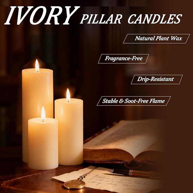 18 Pcs Ivory Pillar Candles Bulk Set，Hurricane Candles，3 Different Lengths 2 x 3/4/6 Inch (6 Each)，Dripless Unscented Smokeless，Gives You a Better Atmosphere When Organizing an Event Party.
