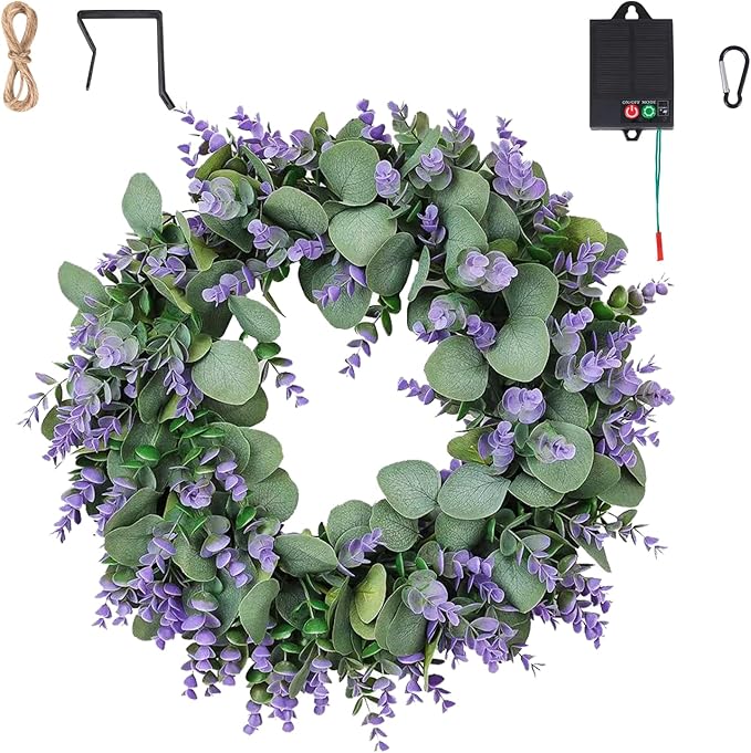 Solar Spring Wreath for Front Door 18inchWreath Pre-lit30LED Spring Summer Decor Artificial Purple Lavender Warm Lights Wreath for Outside Wall Home Decor Festival Farmhouse Decor