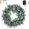 Solar Spring Wreath for Front Door 18inchWreath Pre-lit30LED Spring Summer Decor Artificial Purple Lavender Warm Lights Wreath for Outside Wall Home Decor Festival Farmhouse Decor