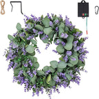 Solar Spring Wreath for Front Door 18inchWreath Pre-lit30LED Spring Summer Decor Artificial Purple Lavender Warm Lights Wreath for Outside Wall Home Decor Festival Farmhouse Decor
