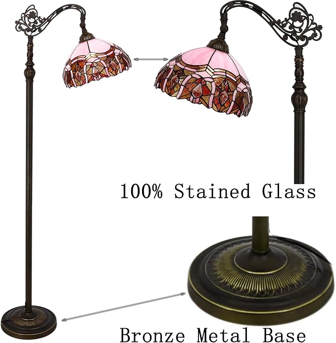 Tiffany Floor Lamp Stained Glass Lamp 18.88X12X67 Inch Angle Adjustable Arched Gooseneck Antique Reading Light (Pink Jewelry)