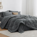 Love's cabin Oversized Queen Comforter Set Dark Grey, 7 Pieces Queen Bed in a Bag, All Season Queen Bedding Sets with 1 Comforter, 1 Flat Sheet, 1 Fitted Sheet, 2 Pillowcase and 2 Pillow Sham
