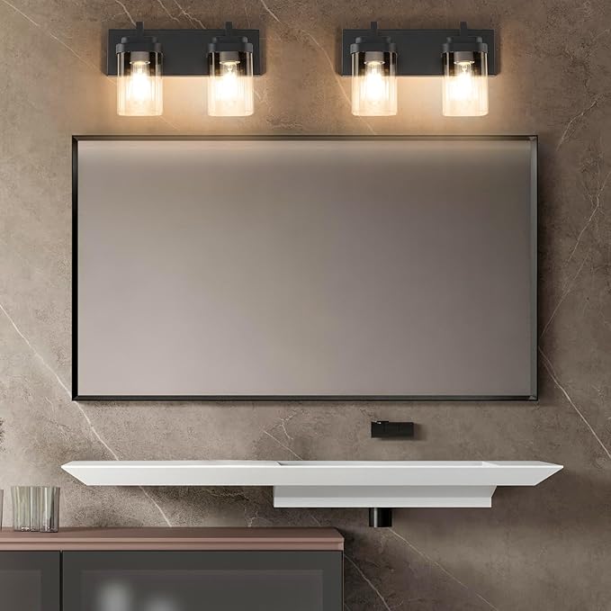 Vanity Light Fixture,2-Light Vanity Light for Bathroom,Matte Black Bathroom Vanity Lighting Over Mirror with Square Clear Glass Shade for Restroom