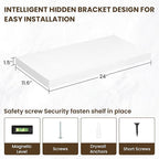 24 Inch Floating Shelves, 12 Inch Deep Floating Shelves for Wall, Floating Shelf with Invisible Brackets, Deep Shelves for Bathroom, Bedroom, Living Room, 2 Pack, White