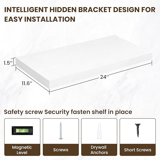 24 Inch Floating Shelves, 12 Inch Deep Floating Shelves for Wall, Floating Shelf with Invisible Brackets, Deep Shelves for Bathroom, Bedroom, Living Room, 2 Pack, White