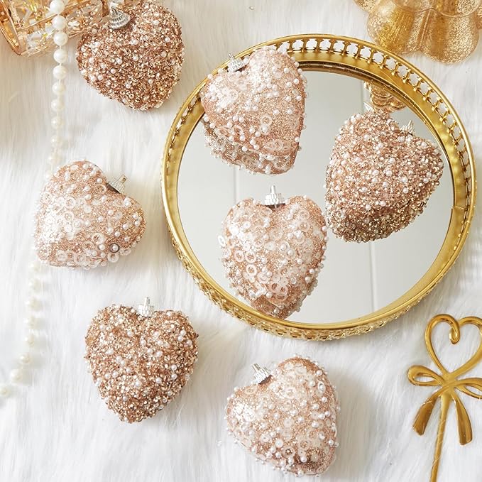 Rose Gold Christmas Ball Ornaments 10Pcs Glitter Sequin Heart Shaped Baubles Decoration Valentines Pearl Foam Hanging Decor(2.36in)