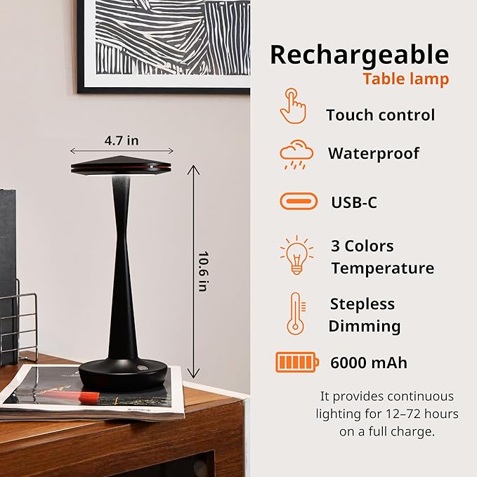 LED Cordless Table Lamps Rechargeable - Outdoor Battery Operated Portable Table Light 3 Color Stepless Dimming Tables Lamp with Memory Function, IP54 Waterproof for Patio Restaurant Dining (2 Black)