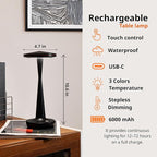 LED Cordless Table Lamps Rechargeable - Outdoor Battery Operated Portable Table Light 3 Color Stepless Dimming Tables Lamp with Memory Function, IP54 Waterproof for Patio Restaurant Dining (Black)