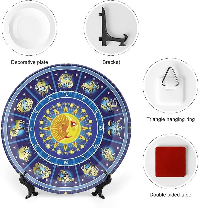 Decorative Plates, Astrology Print Ornament, Horoscope Circle Sun Birth Zodiac Constellation, 10 Inch, 1 Plate with 1 Display Stand, Yellow Orange Dark Blue