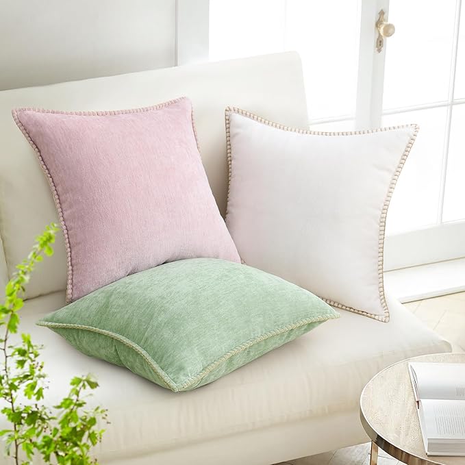 decorUhome Spring Chenille Soft Cozy Throw Pillow Covers 16x16 Set of 2 Modern Farmhouse Boho Velvet Decorative Pillow Cases with Stitched Edge for Couch Sofa Bed Home Valentines Decor, Blush Pink