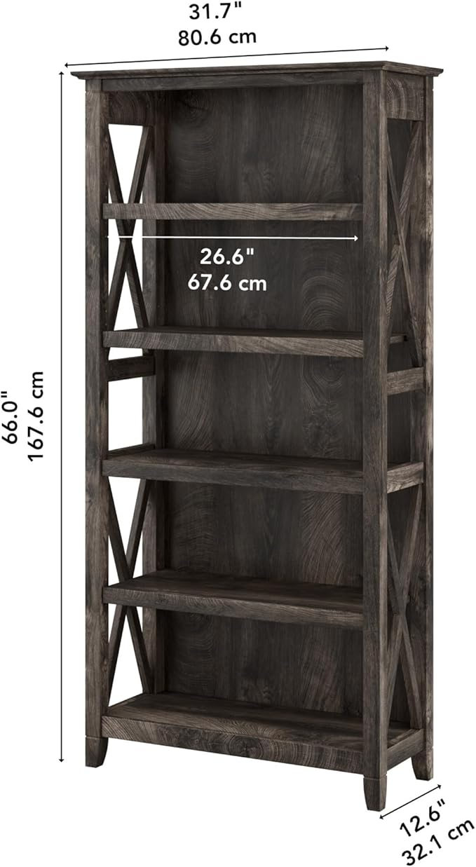 Bush Home Tall 5 Shelf Bookcase for Living Room or Home Office, Large Bookshelf, Modern Farmhouse Style, Key West Collection, Dark Gray Hickory