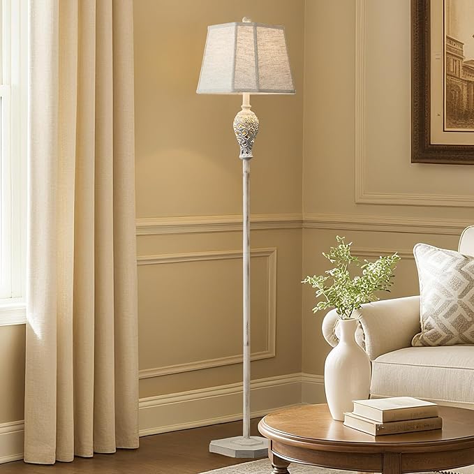 65'' Rustic Floor Lamp for Living Room with 2 Light Sources, Hollow Out Nightlight Resin Farmhouse Tall Standing Lamp for Bedroom Office Corner, Bulb Included (Wash White)