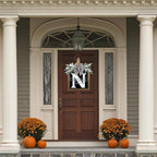 Ultra Large 14'' Last Name All Year Round Front Door Wreath with 26 Initial Letter Welcome Sign All Seasons Eucalyptus Garland and Bow Wreaths for Front Door Porch Farmhouse Decoration (N)
