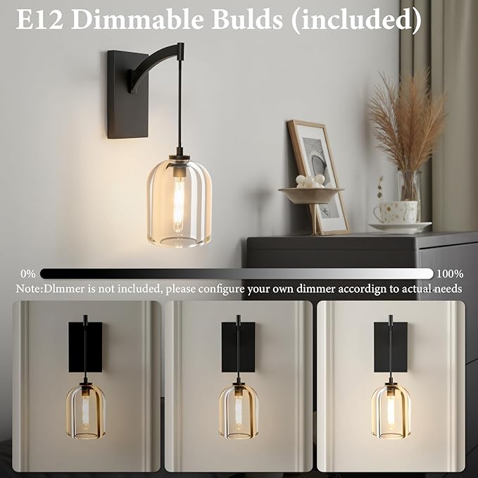 Crystal Brass Hemisphere Wall Sconce - Set of 2 Black Brushed Dimmable Sconces with Bulbs - Modern Hanging Light Decor - Luxury Indoor Lighting Fixture for Bedroom Living Room Bathroom Vanity Hallway