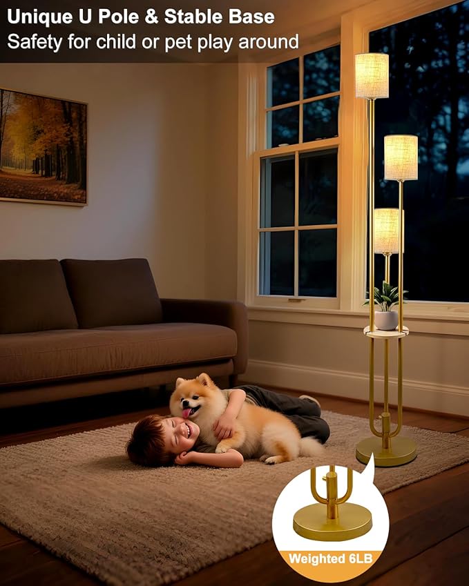 Lightdot Floor Lamp with Table for Living Room Bedroom Dimmable Floor Lamps with Linen Shade Vintage Gold Standing Tall Lamp Candle Holder Style for Bedroom/Sofa Beside/Corner Decor(Bulbs Included