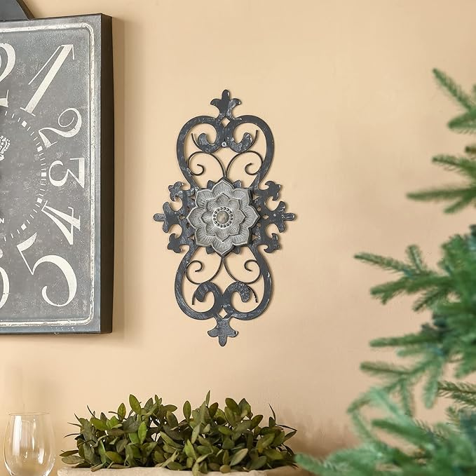 Metal Flowers Wall Art, 15.75” x 9” Metal Scroll Floral Wall Decor, Hanging Wall Sculpture with Wooden Bohemian Flower, Iron Wall Decoration for Living Room Kitchen, Outside Wall Decor for Garden