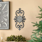 Metal Flowers Wall Art, 15.75” x 9” Metal Scroll Floral Wall Decor, Hanging Wall Sculpture with Wooden Bohemian Flower, Iron Wall Decoration for Living Room Kitchen, Outside Wall Decor for Garden